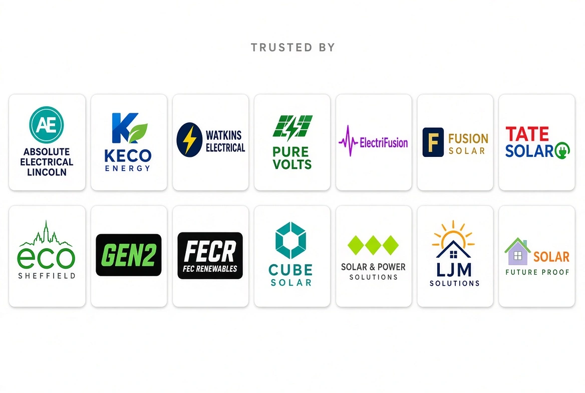 Solar panel scaffolding clients, 14 listed energy and solar company logos.